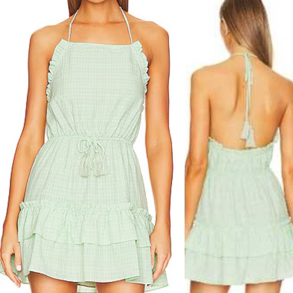 Majorelle Baker Mini Dress Seafoam Green Plaid Ruffle Trim Halter Open Back XS - Picture 1 of 8